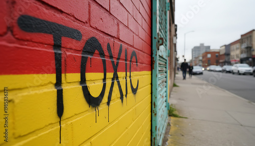Bright graffiti displays word toxic on yellow and red brick wall. Urban street scene background with buildings and cars passing by. Message on painted surface.  Urban Graffiti Art