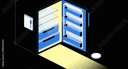 Open blue server cabinet illuminated in a dark room revealing data racks and electronics.