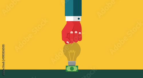 Illustration of a hand turning on a glowing light bulb symbolizing a new idea and innovation.