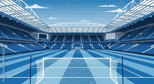 Blue empty football stadium with bright seating and modern architecture exterior and interior design.