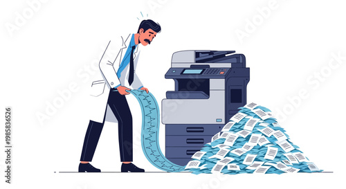 Illustration of a businessperson overseeing a printer that dispenses cash and piles of money.