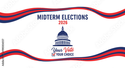 Stylized graphic with the US capitol building and election text, framed with wavy lines on a white background, suitable for political campaigns, voter registration, and civic engagement.