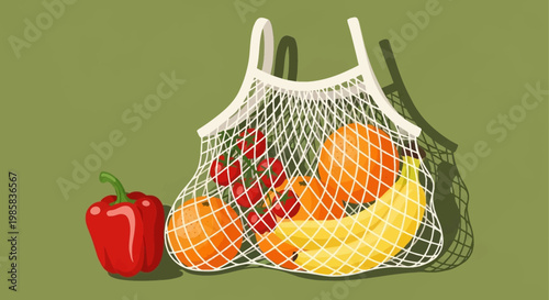 Colorful mesh bag of fresh fruit including apples bananas and oranges.