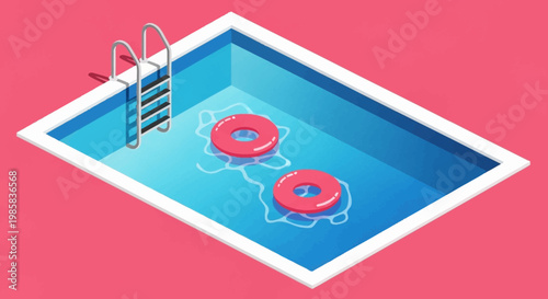 Bright pink pool with blue water and inflatable rings in a sunny backyard.