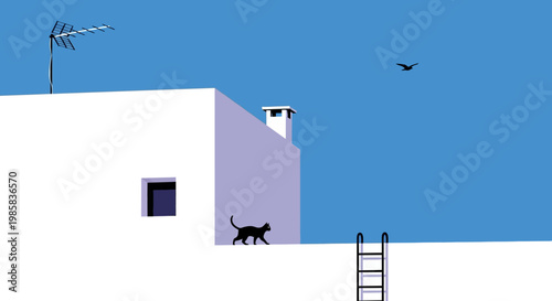 Minimal white building under bright blue sky with a cat strolling on the rooftop and surrounding urban calm.