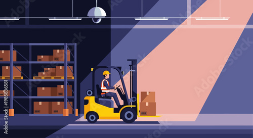 Nighttime warehouse scene with forklift operator moving boxes on shelves under spotlight.