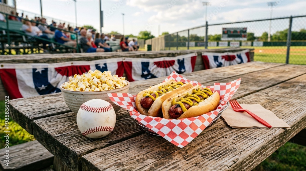 © horizon - Classic American baseball snacks on a weathered picnic table feature two plump hotdogs, buttery popcorn, and a pristine white baseball.