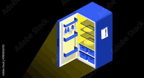 Open blue safe with stacked cash inside a bright yellow interior and metal door.
