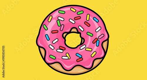 Cartoon pink frosted donut with sprinkles on a bright yellow background.
