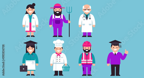 Group of diverse professionals illustrated as colorful cartoon characters for education and imagination.