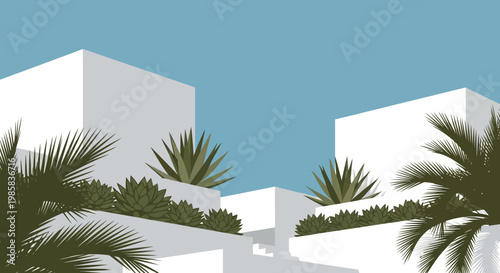 White modern buildings with palm trees under a clear blue sky and sunlit terrace.