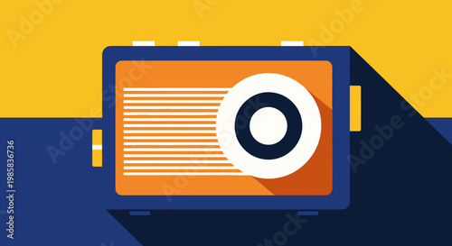 Retro stylized radio illustration with bold geometric background in orange and blue colors.