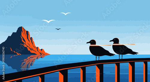 Two Seabirds Perched on a Railing Overlooking a Vibrant Coastal Scene with Ocean and Rocky Promontory.