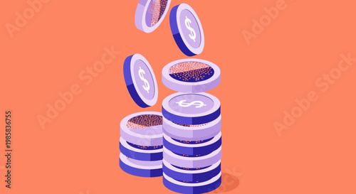 Stacks of purple coins rising on an orange background suggesting finance, investment, and market potential.