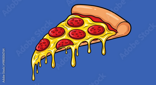 Cartoon Dripping Pepperoni Cheese Pizza Slice on Blue Background with Melted Sauce.
