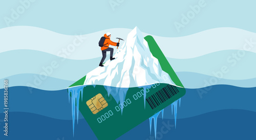Analytical depiction of a lone climber atop an iceberg amid blue ocean and melting ice.