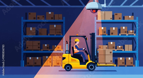 Warehouse forklift operator moving pallets in busy distribution center during shift.