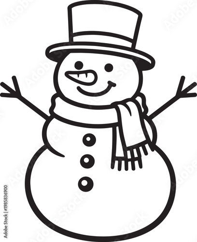 Happy cartoon snowman with top hat and scarf waving arms cheerfully