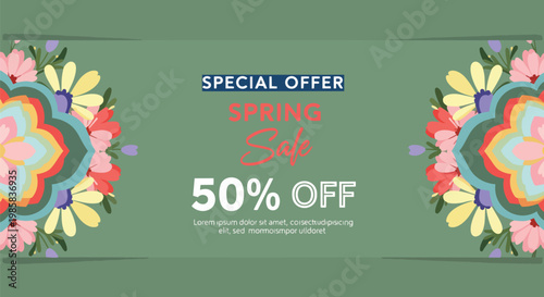 Vibrant spring sale banner with floral mandala design and 50% off text on green background, perfect for seasonal promotions, online advertising and retail marketing campaigns.