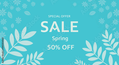 Vibrant turquoise background with 'Sale' text and floral elements, spring promotion with 50% discount, perfect for seasonal advertising, website banners and social media campaigns.