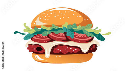 A vibrant 2D illustration of a gourmet burger featuring a sesame bun, fresh arugula, sliced tomatoes, melted white cheese, and a savory meat patty, isolated on a clean white background.