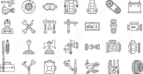 Automotive repair mechanic tools car parts icon illustration, vehicle maintenance artwork design, engineering concept symbol graphic, black white professional representation