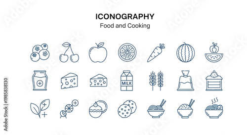 Collection of stylized icons representing various food and cooking elements for digital use