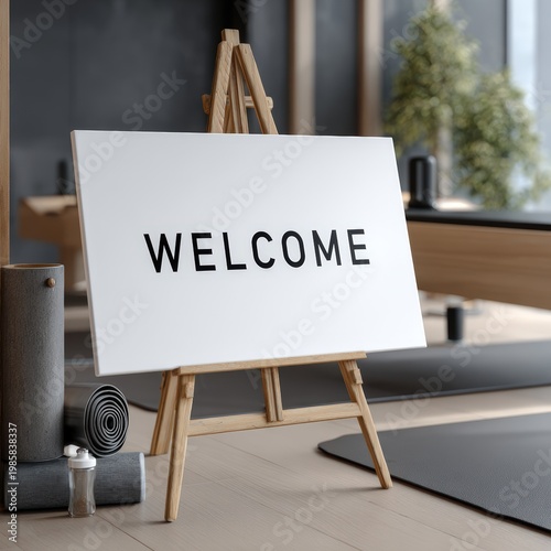 A modern welcome sign on an easel in a stylish studio setting, ideal for gyms, yoga studios, or wellness centers, It creates a warm, inviting atmosphere for newcomers,