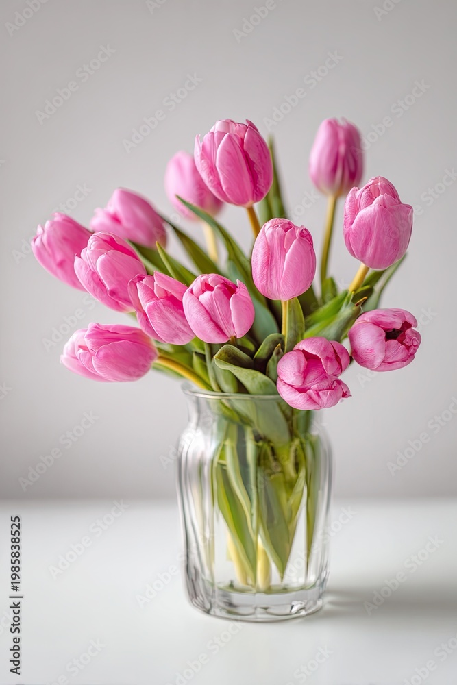 Fototapeta premium Pink Tulips in Glass Vase Delicate Bloom Soft Studio Lighting Spring Floral Arrangement