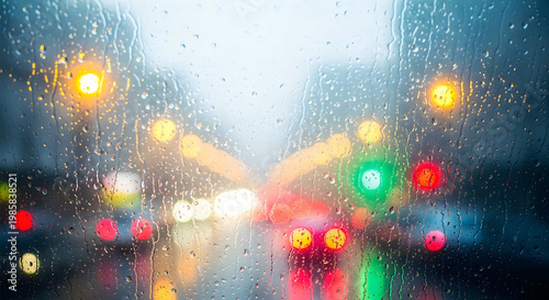 Blurry, rain-streaked car windshield at night with colorful, out-of-focus city lights creating a bokeh effect, evoking a moody atmosphere