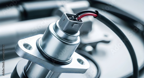 Close-up of a metallic car sensor with connected wires against a blurred background, highlighting automotive technology and precision engineering