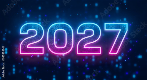 Digital representation of the year 2027 with a futuristic glow and glowing particles, evoking a sense of future possibilities and technological advancement