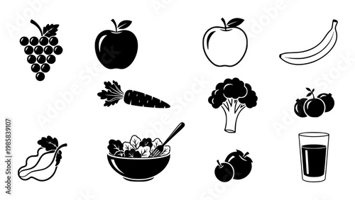 Healthy Food Icon Set with Fruits, Vegetables, Salad Bowl, and Juice in Minimal Black and White Style for Nutrition, Diet, and Organic Lifestyle Design