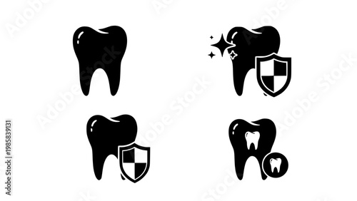 Dental Protection Icon Set with Tooth Silhouettes, Shield Symbols, and Oral Care Elements in Minimal Black Style for Healthcare and Dentistry Design