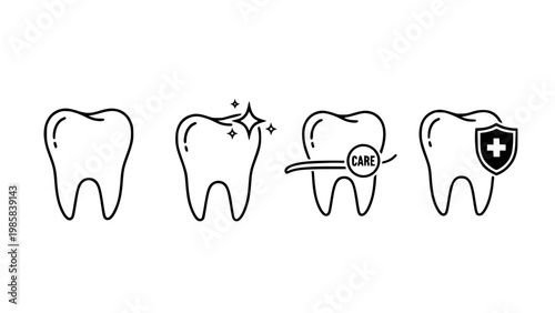 Dental Care Icon Set with Tooth Cleaning, Protection Shield, and Dentistry Tools in Minimal Outline Style for Medical, Healthcare, and Oral Hygiene Design