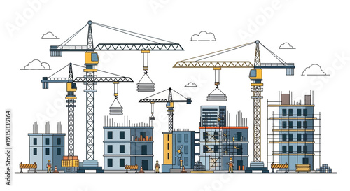 Detailed illustration of a bustling urban construction site with multiple buildings, cranes, and workers actively engaged in the building process.