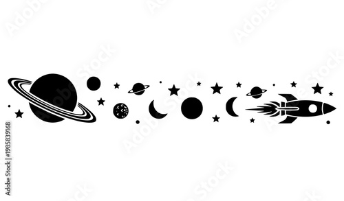 Space Border Illustration with Rocket, Planet, Stars, Moon Phases, and Galaxy Elements in Minimal Black Silhouette Style for Cosmic Background and Design