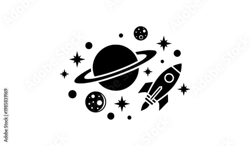 Space Exploration Icon with Rocket, Planet with Rings, Stars, and Asteroids in Minimal Black Silhouette Style for Science, Astronomy, and Cosmic Design