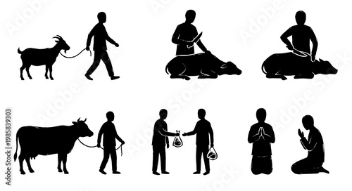 Silhouette vector set of islamic qurbani festival scenes, muslim man walking cow and goat, slaughtering animal, distributing meat charity and praying for eid al adha holiday.