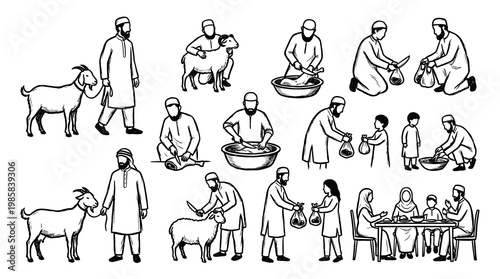 Hand drawn line art vector of muslim people doing qurbani ritual on eid al adha, slaughtering goat animal, distributing meat to charity, and family feast celebration gathering.