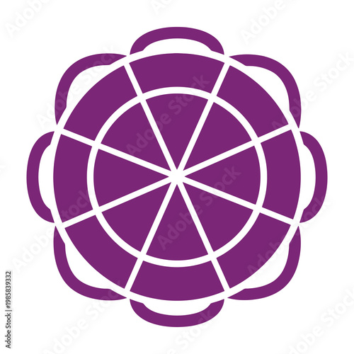 Purple geometric shape with white lines and circular pattern