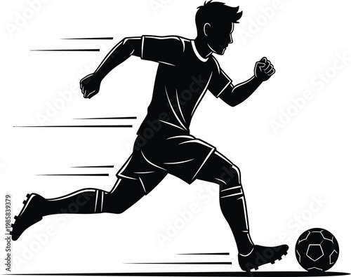 Soccer player silhouette captures the essence of a fast-paced game as he races forward to control the ball with precision and athletic intensity.