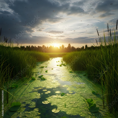 Peaceful Swamp Landscape at Sunset with Reeds and Lily Pads Reflecting Golden Sunlight under a Dramatic Cloudy Sky