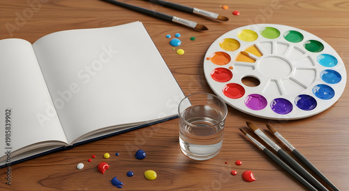 Art supplies on a wooden surface including a watercolor palette, brushes, water, and an open sketchbook for drawing and painting