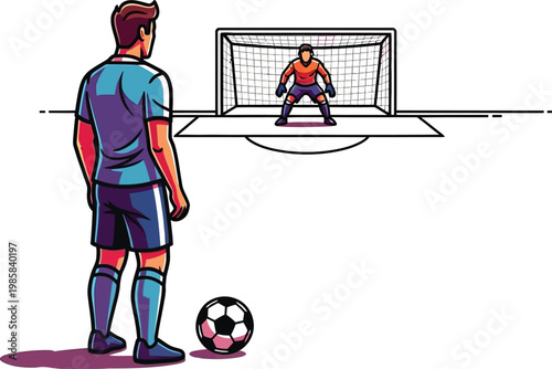 A soccer player stands with a ball, preparing to take a penalty kick against a goalkeeper positioned in front of a goal.