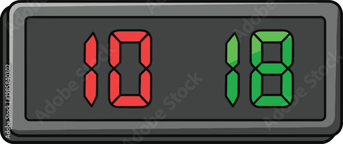Digital scoreboard displays the numbers 10 and 18 in contrasting red and green segments against a dark background.