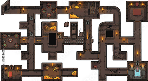 Pixel art dungeon map, retro fantasy game level design, stone underground labyrinth vector