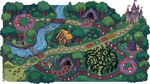 Fantasy board game map vector, fairytale forest landscape with castle, magical world game level