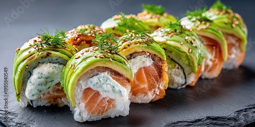 Fresh Philadelphia sushi rolls with salmon and cream cheese. High-quality photo.