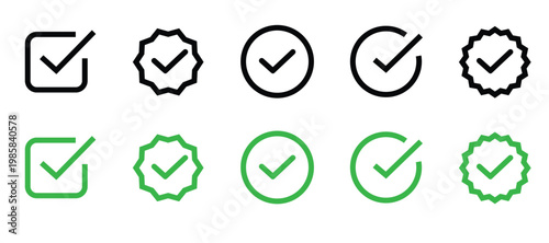 Green checkmark icons in different shapes and styles for approval and confirmation green tick symbols for correct and right answers